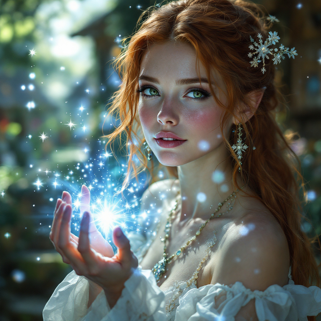 Half-fae healer with auburn hair and green eyes, surrounded by mystical light in a quaint village setting, gazing into the future.