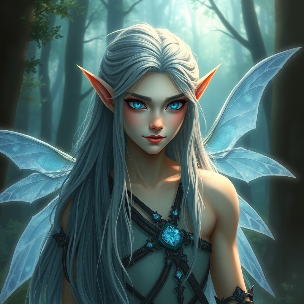 Tall elf fairy Deadshot Kalfang with long hair and blue eyes, adorned with delicate wings in a mystical forest setting.