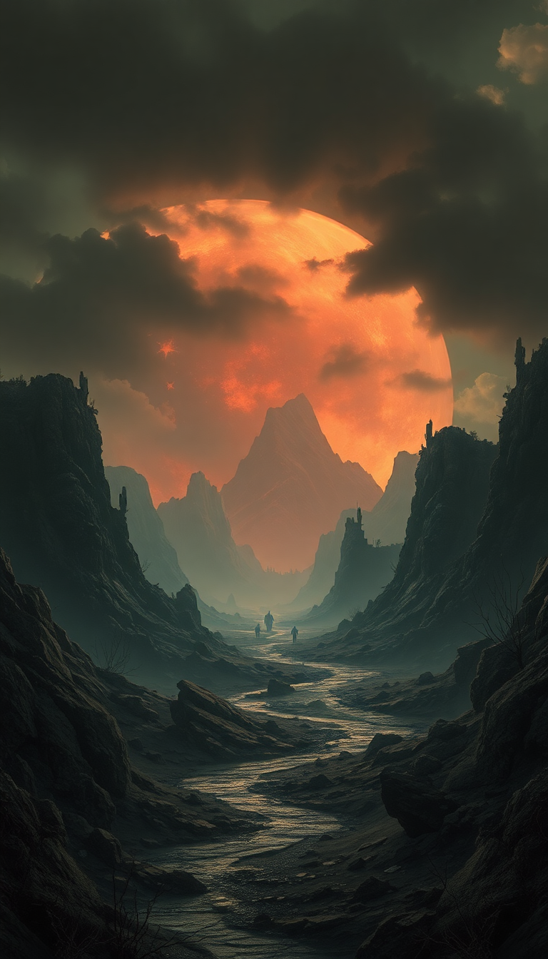 A dystopian landscape depicting a dark,