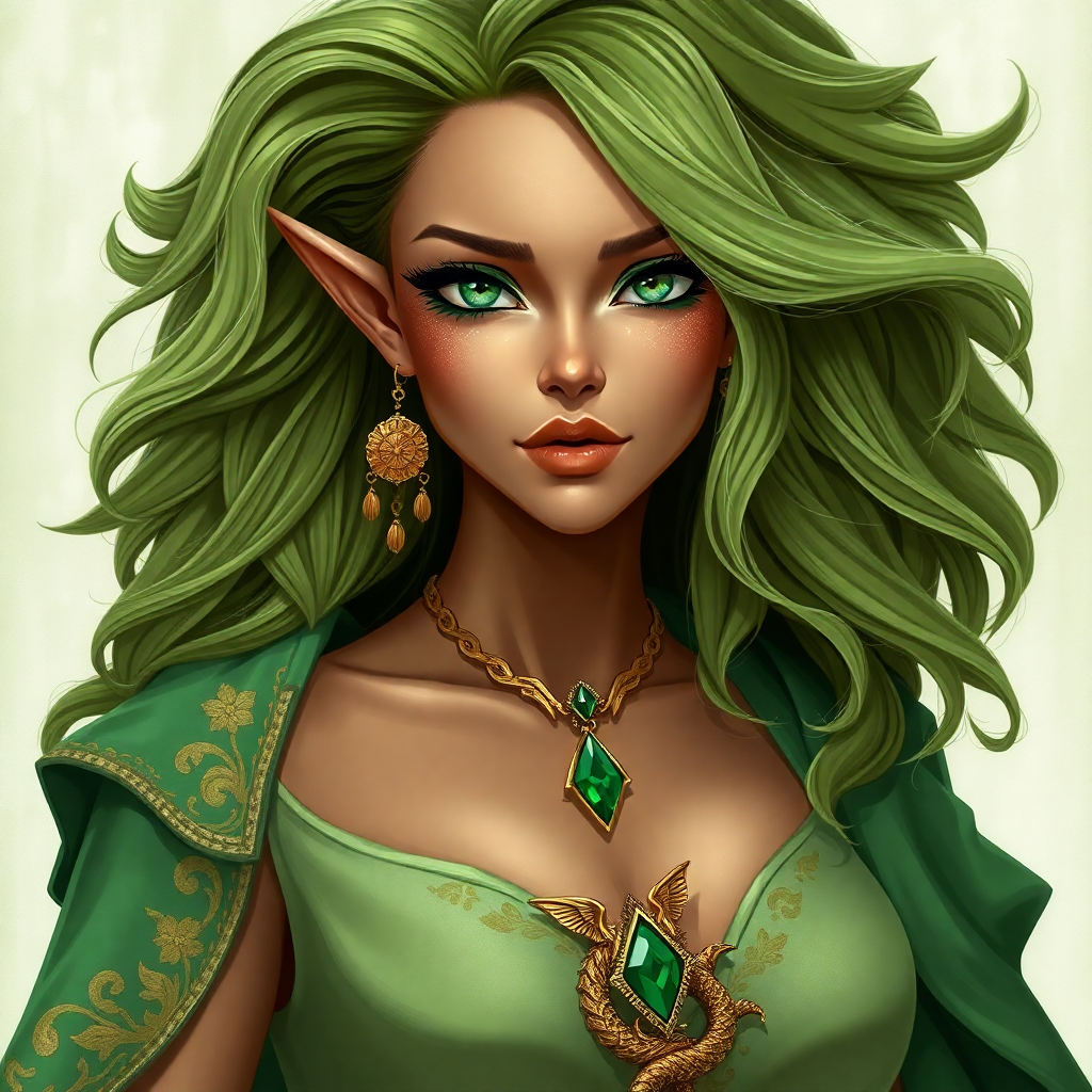 Wood elf druid Hyacinth with sage green hair and gold jewelry, wearing a green cloak, poses as a striking D&D character portrait.