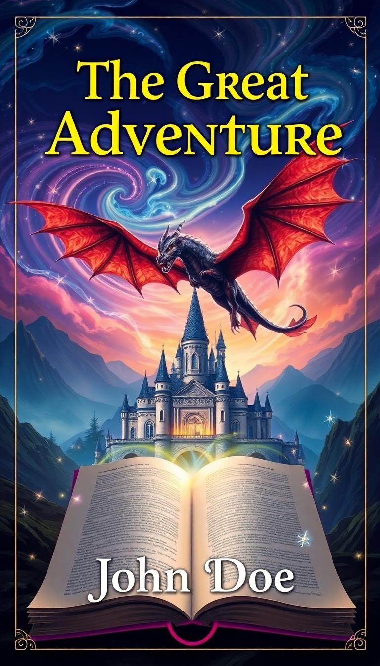 Majestic dragon soaring above a grand castle, with a glowing spellbook in the foreground, embodying a fantasy adventure theme.