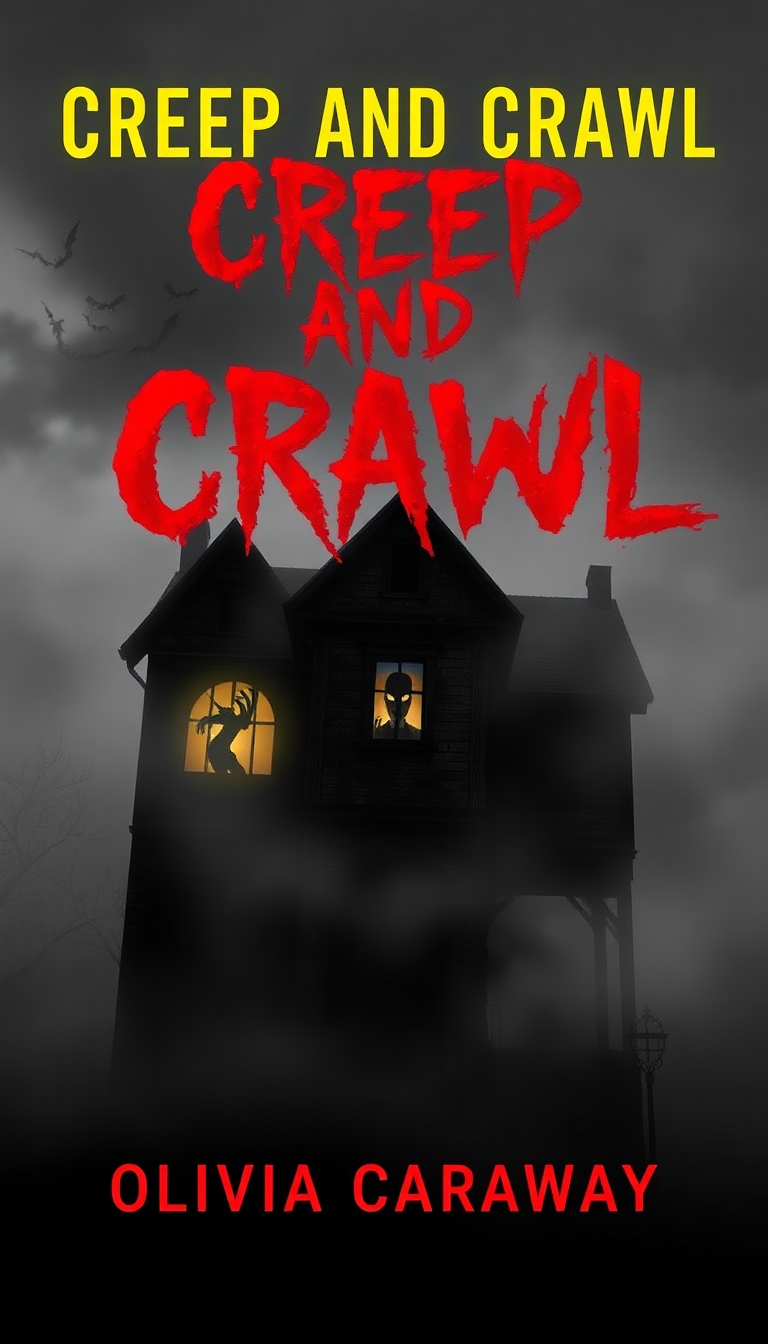 Eerie haunted house with glowing windows and sinister shadows, featuring "Creep and Crawl" by Olivia Caraway in jagged red typography.