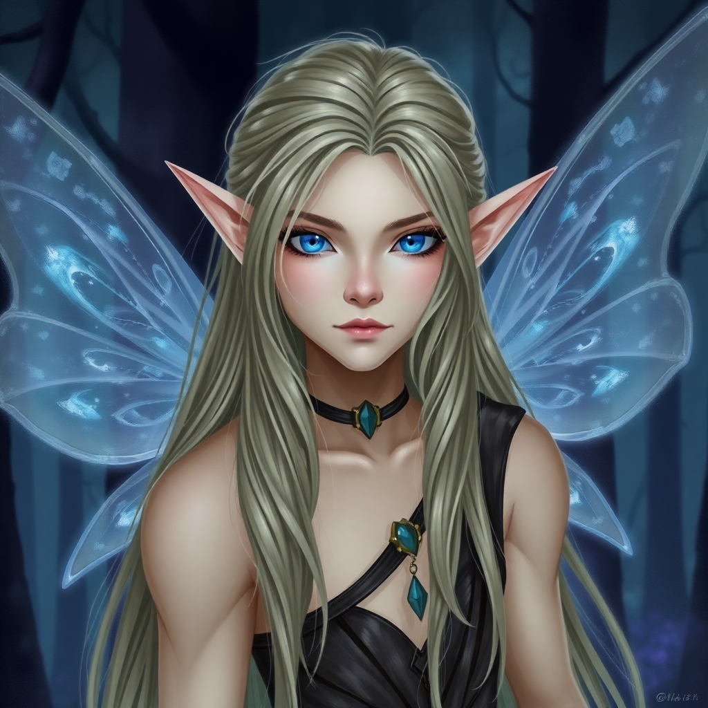 Tall elf fairy Deadshot Kalfang with blue eyes and delicate wings stands in a mystical forest, radiating enchantment.