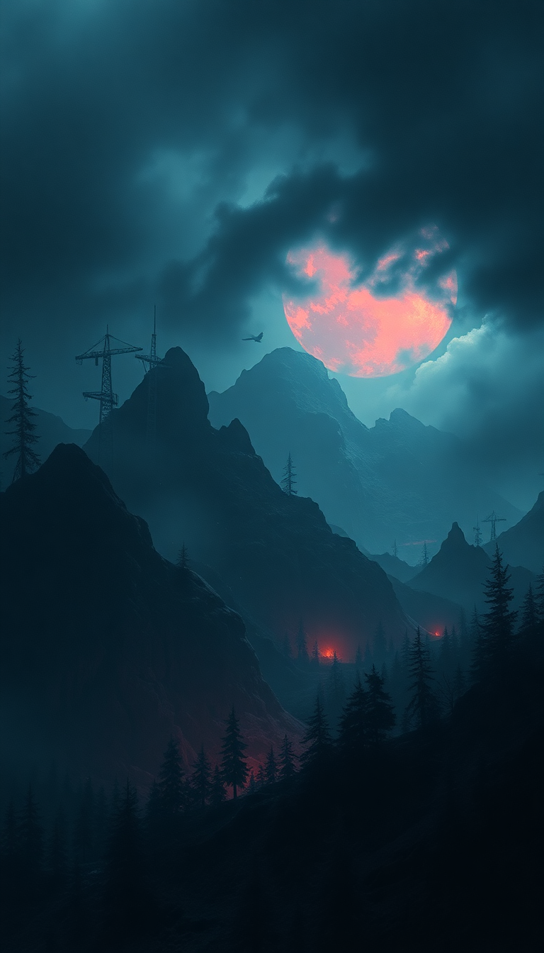 A dystopian landscape depicting a dark,