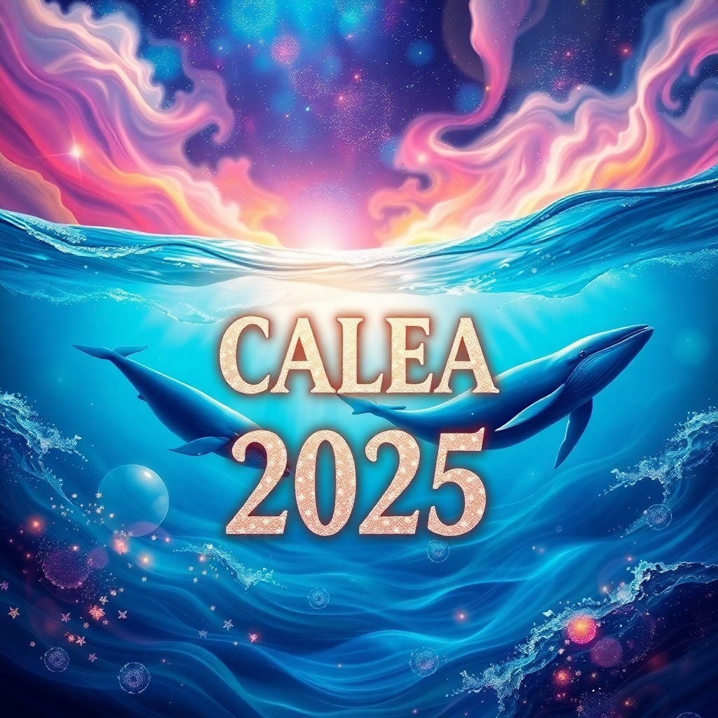 Majestic whales swim through vibrant waters under a starry sky, embodying the enchanting theme of the Wombo book cover generator.