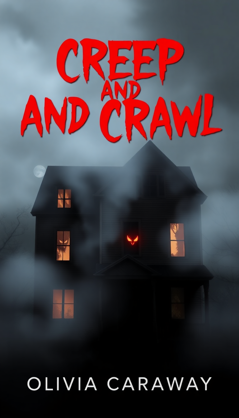 Eerie haunted house with glowing windows and shadowy faces, featuring "Creep and Crawl" by Olivia Caraway in blood-red typography.