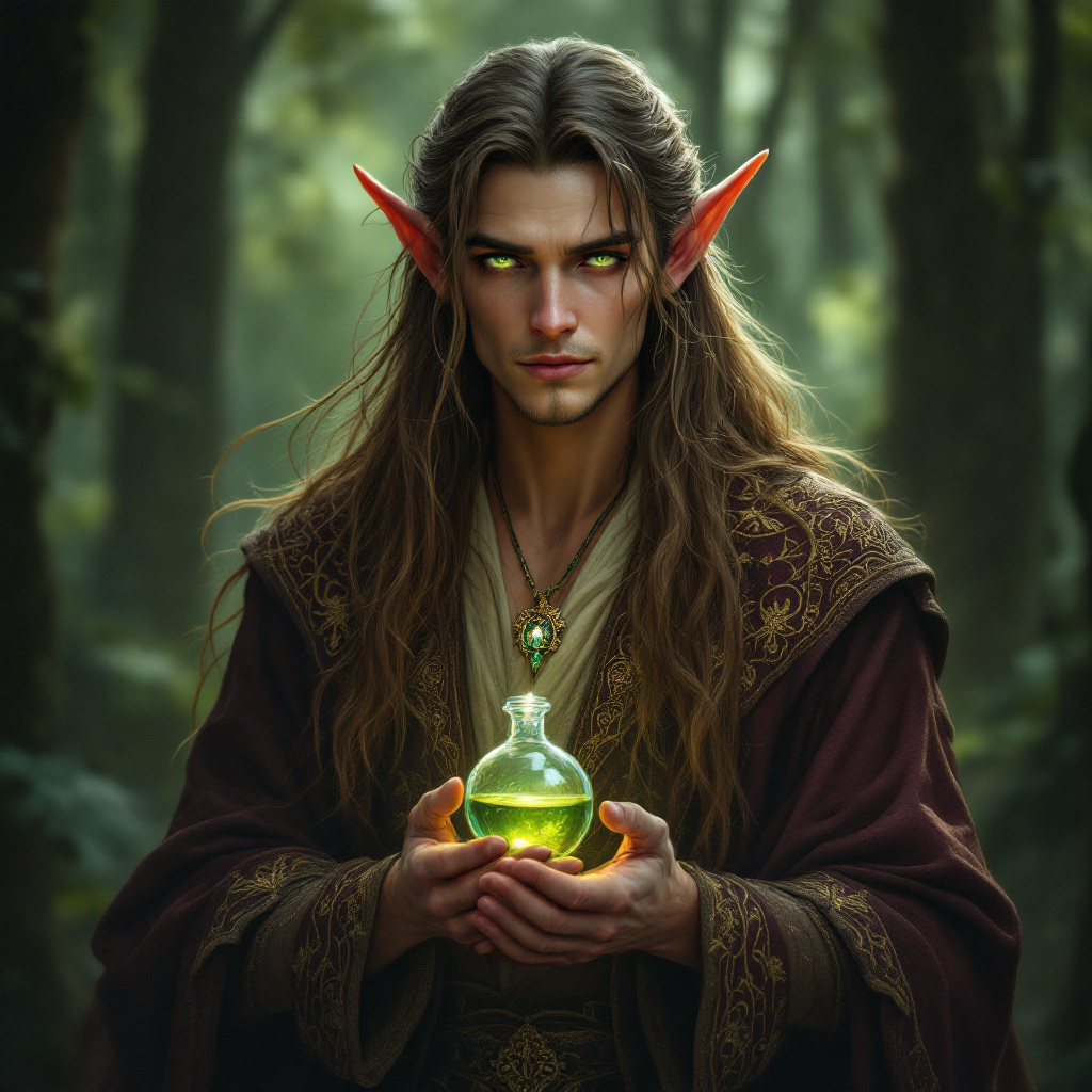 Tall elf with flowing hair and green eyes, dressed in elegant alchemist robes, holding a glowing potion in a mystical forest.