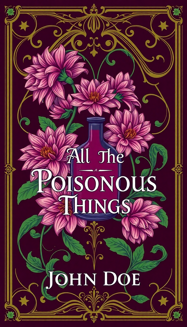 Elegant book cover for "All the Poisonous Things" featuring dahlia flowers and a poison vial in Art Nouveau style.