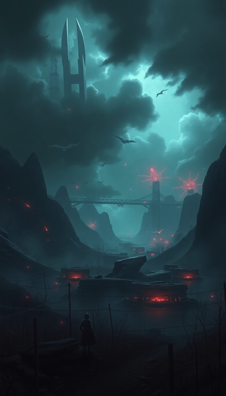 A dystopian landscape depicting a dark,