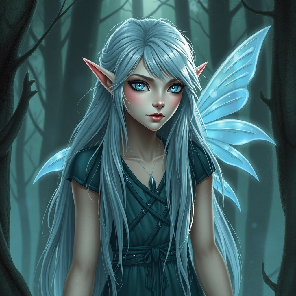 Tall elf fairy Deadshot Kalfang with long hair, blue eyes, and delicate wings in a mystical forest setting, perfect for D&D character art.