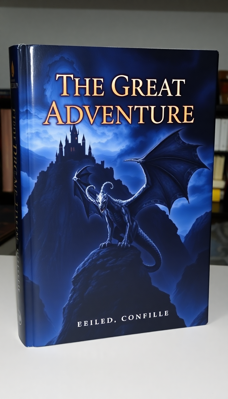 A dark and mysterious fantasy book cover featuring a silhouetted castle atop a rocky cliff under a stormy sky. In the foreground, a majestic dragon soars through the air, its wings spread wide. The color scheme is predominantly deep blues and blacks, with hints of silver for a magical effect. The title "The Great Adventure" is prominently displayed in an elegant, bold font at the top. 
