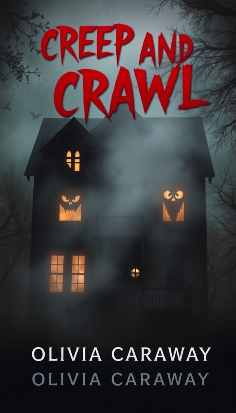 Eerie haunted house book cover with glowing windows, featuring "Creep and Crawl" in blood-red typography by Olivia Caraway.