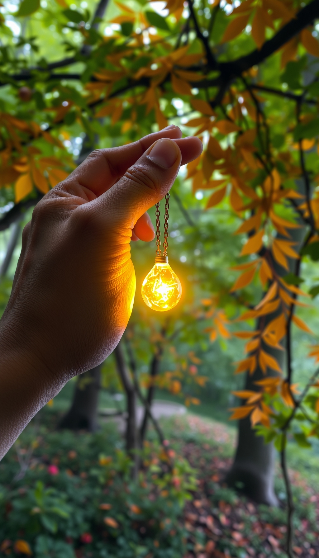 A hand holds a glowing necklace in a vibrant fantasy forest, perfect for an enchanting book cover design.