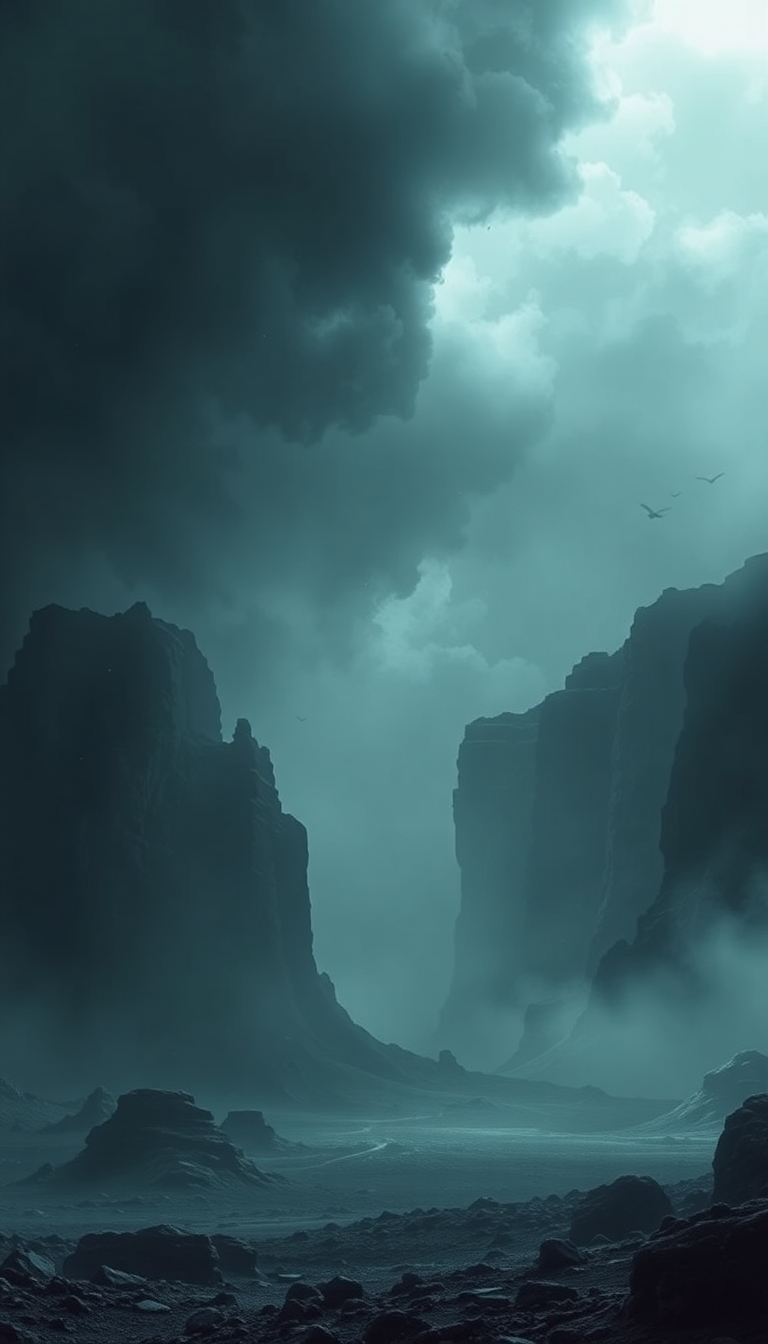 A dystopian landscape depicting a dark,