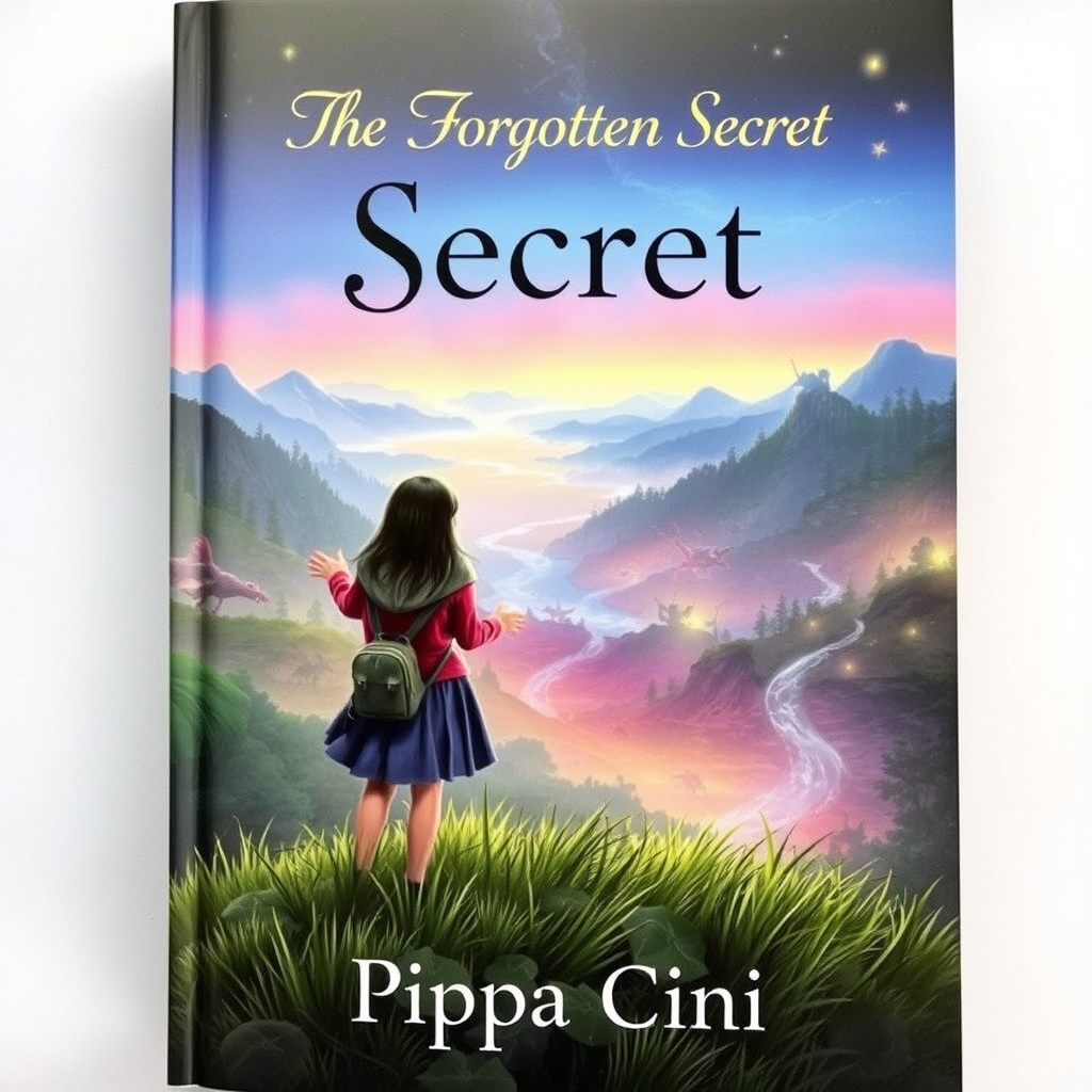 A whimsical book cover featuring a 13-year-old girl and her friend standing on a grassy hill, gazing out at a vibrant, magical landscape filled with enchanting forests, sparkling rivers, and fantastical creatures in the distance. The sky is painted in hues of twilight, with stars beginning to twinkle. The title "The Forgotten Secret" is elegantly displayed at the top, with the author's name "Pippa Cini" at the bottom, both in a mystical font that captures the essence of fantasy and mystery. 
