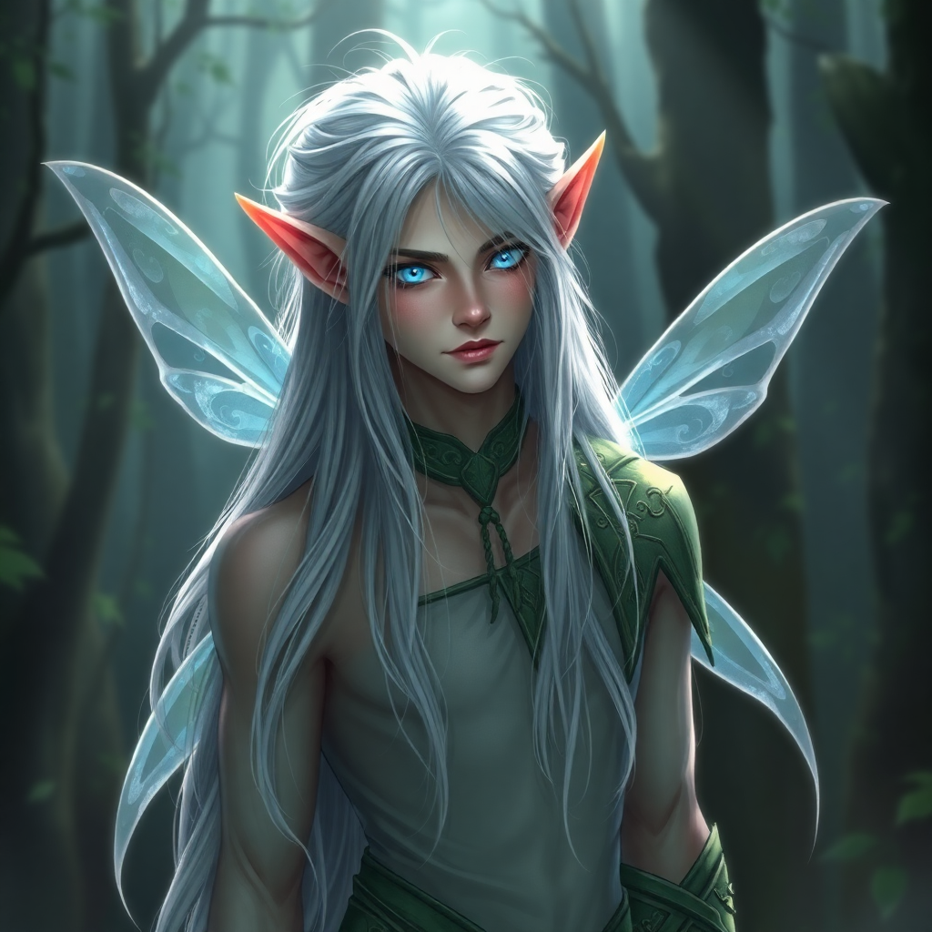 Tall elf fairy Deadshot Kalfang, with long hair and blue eyes, showcases delicate wings in a mystical forest setting.